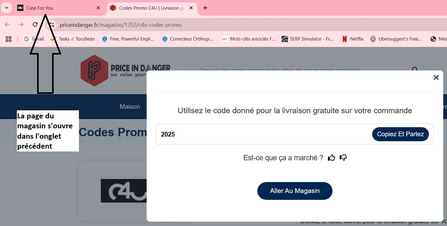 Le code promo et la page du magasin dans l’onglet précédent.webp